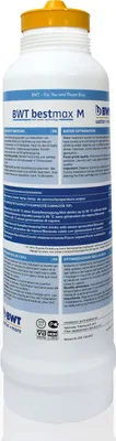 A close-up shot of a white water filter with a yellow cap and blue text labels.
