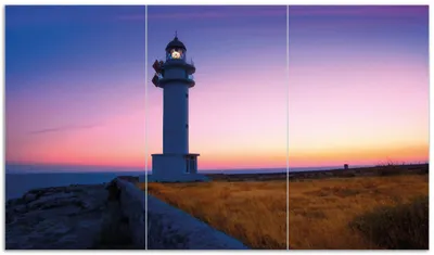 Produktbild von Wallario Herdabdeckplatte aus Glas, Größe 90 x 52 cm 3-teilig, Motiv Leuchtturm am Abend auf den Balearen Malerischer Himmel