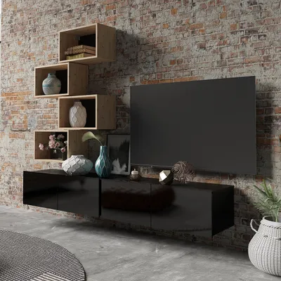 Produktbild von TV Wand mit Wandregalen in schwarz Hochglanz mit Artisan Eiche Nb. CAIRNS-132, B/H/T ca. 200/200/43 cm