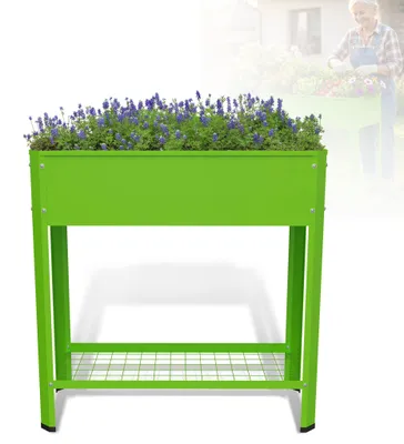 Produktbild von LZQ Hochbeet aus Metall 80x35x80 cm, erhöhtes Gartenbeet aus verzinktem Stahl für Kräuter & Gemüse, mit Ablageboden & Haken, wetterfest für Balkon, Terrasse & Garten, Grün