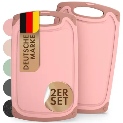 Produktbild von Großes Kunststoff-Schneidebrett 40 x 24,5 cm, 2er-Set – Schneidebretter mit Saftrille und Griff – BPA-frei – Schneidebretter und Schneidematten – Rosa Küchenbrett