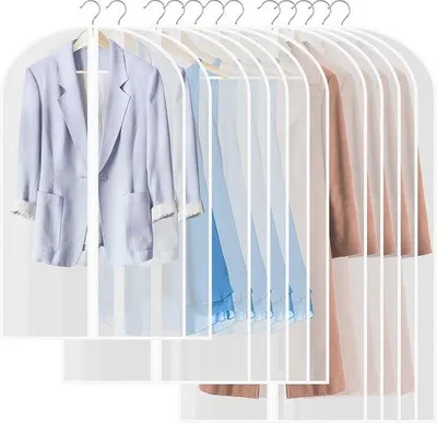 Image de Ensemble Unyqoos® de 12 housses de rangement pour vêtements, transparentes et anti-poussière : 2 housses de 60 x 80 cm, 5 housses de 60 x 100 cm, 5 housses de 60 x 120 cm. Protection idéale pour les manteaux et les robes