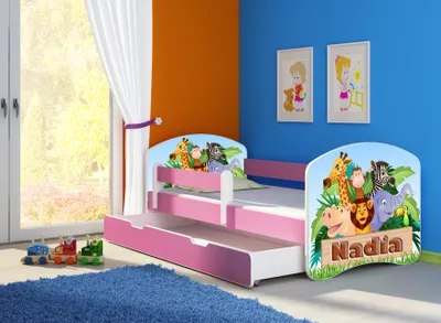 Produktbild von ACMA Jugendbett Kinderbett Junior-Bett Komplett-Set mit Matratze Lattenrost und Rausfallschutz Rosa 02 Animals Name 160x80 + Bettkasten