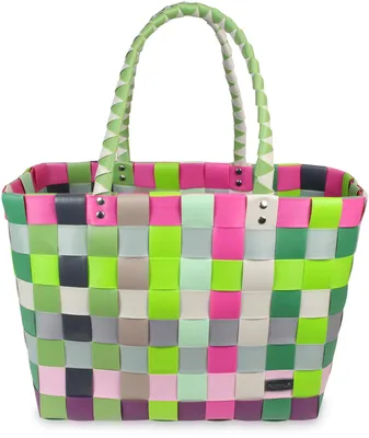 A colorful woven basket bag.