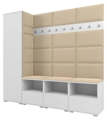Produktbild von Garderobe NELA IX 200 cm Modulare Flurmöbel Weiß mit Sitzpolster Beige 04 (Breite Sitzbank)
