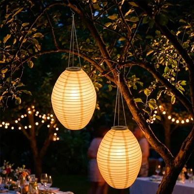 Produktbild von 3.05 LED Solar Laterne oval - 2er Set / jeweils ca. 30x20 cm - Lampion beleuchtet aus Nylon (oval / 2er)