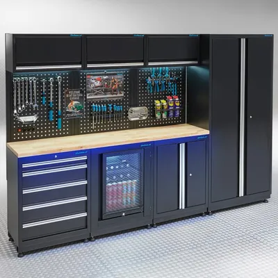 Produktbild von Werkstatteinrichtung PREMIUM Eichen Arbeitsplatte mit Kühlschrank – 294 cm