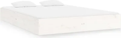 A white wooden bed frame with two white pillows on top, set against a white background.