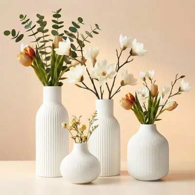 Produktbild von Weiße Keramische Vasen Set, 4-teilig für Pampasgras und Trockenblumen