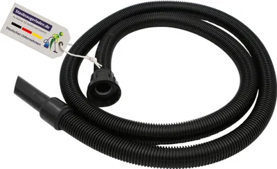 A black vacuum cleaner hose is coiled on a white background, with a tag attached to one end.