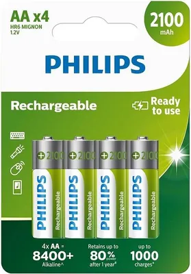 A package of four Philips AA rechargeable batteries.