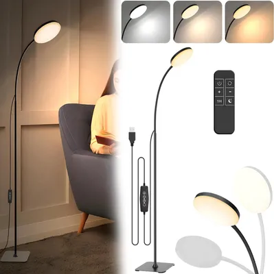 Obrázek produktu pro LED stojací lampa s USB, stojací lampa s kulovou hlavou 10 W, stmívatelná stolní lampa, výška nastavitelná na 140 cm, čtecí lampa s ohebným krkem otočným o 360° a dálkovým ovládáním, časovač, černá