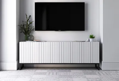 Produktbild von TV-Schrank Glamour RTV RTV-Schrank Elpis - Viertürig - Modern - Lindner Möbel - 150cm x 51,5cm x 36,5cm, Farbe: Weiß matt Rahmen: Schwarz - Metall