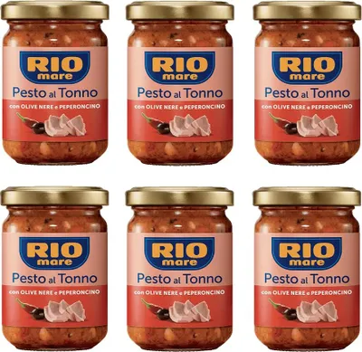 Produktbild von 6x Rio Mare Pesto al Tonno con Olive Nere e Peperoncino Thunfischpesto mit schwarzen Oliven und Chili 130g