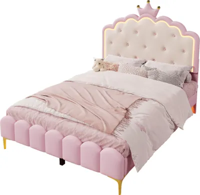 Immagine prodotto di Letto imbottito, 140 x 200 cm, con rete a doghe (senza materasso), luce ambiente con telecomando, rosa