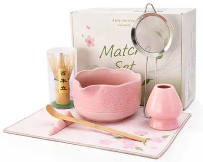 Matcha-Set 7-teilig, Keramikschale, Bambusbesen, Sieb, Geschenkbox