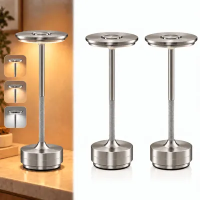 Produktbild von 2er Set Kabellose Dimmbare LED Akku Tischleuchten, Touch Tischlampen, 3 Lichtfarben, Nachttischlampen für Wohnzimmer Schlafzimmer, Silber