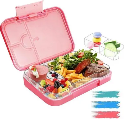 Produktbild von Unyqoos® Bento-Lunchbox 4/6 Fächer – BPA-frei (ABS/PP/Tritan), kindersichere Klick-Verschlüsse, robuste Snackbox 21×15×4,5 cm, rosa