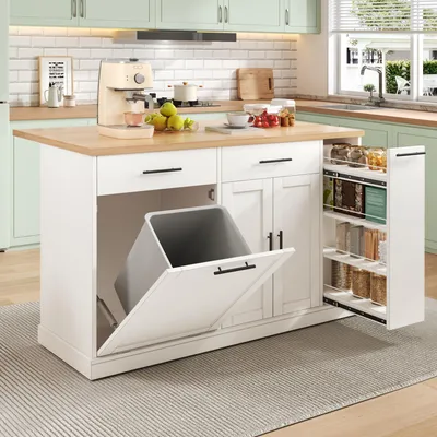 Produktbild von MODFU Küchenwagen mit klappbarer Arbeitsplatte,Kücheninsel mit Rollen und Müllschrank,Servierwagen mit 4-stufigem Gewürzregal & 2 Schubladen,Weiß