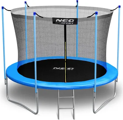 A trampoline with a safety net and a ladder, set against a white background.