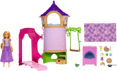 Immagine prodotto di Disney Princess HMV99 - bambola Rapunzel mobile e torre di gioco con divertimento a 360 gradi, 6 aree di gioco e 15 accessori, ispirati al film Disney, bambola giocattolo a partire dai 3 anni di età