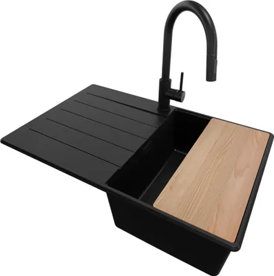 Produktbild von PRIMAGRAN Granitspüle Alles Schwarz 78x50cm, Spülbecken 1 Becken + Ablauf-Set + Küchenzubehörset, Küchenspüle ab 45er Unterschrank - Kopenhagen