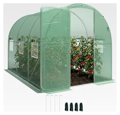 Produktbild von Gewächshaus 3 x 2 x 2 m Foliengewächshaus mit abschließbarer Tür, sechs rollbaren Netzfenstern, Stützstangen und verlängerten Kanten, UV-beständig, winterfestes Tomatenhaus, grün