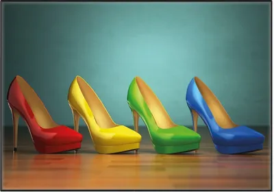 Produktbild von Wallario Wandbild Bunte Schuhe - High Heels für Frauen, Größe: 70,30 x 100,30 cm, Poster mit schwarzem Aluminiumrahmen