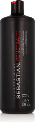 A black bottle of Sebastian Professional Penetraitt Shampoo is shown against a white background.