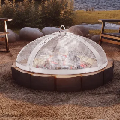 Produktbild von SucceBuy 40" runder Funkenschutz für Feuerstelle, verstärkter Deckel aus robustem Stahl, leicht zu öffnende obere Abdeckung mit Ringgriff für Terrassenfeuerstellen, Verwendung im Freien