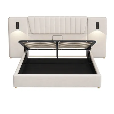 Produktbild von Flieks Hydraulisches Polsterbett 180x200cm mit USB und Leselampe, Stauraumbett Boxspringbett mit Lattenrost, Doppelbett Samt, Beige