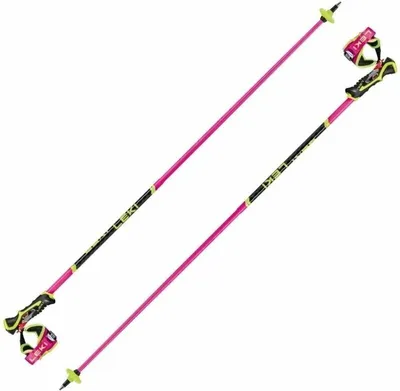 A pair of pink and black ski poles with yellow accents, displayed against a white background.