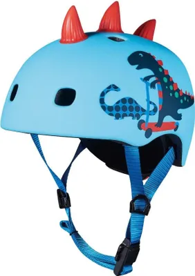 A light blue children's helmet with dinosaur graphics and red spikes on top.