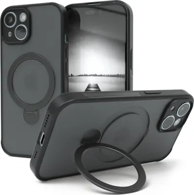 Produktbild von EAZY CASE - MagSafe Handyhülle für Apple iPhone 15, Ring zum Aufstellen, 360° drehbar, Magsafe Silikonhülle zum Aufstellen, stoßfest Cover in Schwarz