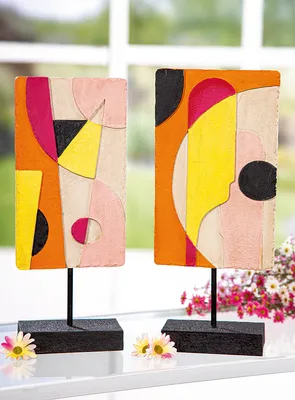 Produktbild von Gilde Skulptur, rechteckig, "Still", abstraktes Motiv, Kunstharz, gelb, orange, pink, VE 2, 2fach sortiert, L. 6.5 cm, B. 13 cm, H. 30 cm 58221