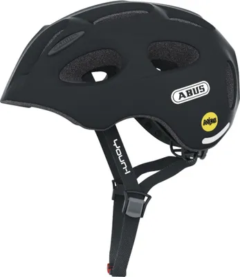 Produktbild von ABUS Kinderhelm Youn-I MIPS - Fahrradhelm mit Licht, Reflektoren und Aufprallschutz (MIPS) - für Mädchen und Jungen - Schwarz Matt, Größe M (52-57 cm)