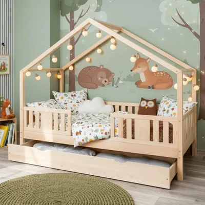 Produktbild von MEBLE WRÓBEL Kinderbett 80x160 cm – Bett mit Schublade Rausfallschutz & Lattenrost - Hausbett aus Kiefer Unlackiert - Kleinkindbett für Jungen & Mädchen - Standhöhe 20 cm