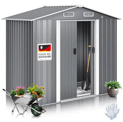 Immagine prodotto di KESSER® XL Casetta in metallo 4,2 m³ con fondamenta | guanti da lavoro inclusi | 195x131x186 cm |  2 porte scorrevoli e fondamenta | Ripostiglio | Armadio da giardino | Tetto a due falde Ripostiglio da giardino