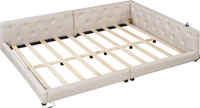 Produktbild von Schlafsofa mit LED-Beleuchtung, Lattenrost und Mehrfachsteckdose, 140x200 cm, Doppelbett, Polsterbett, Leinen