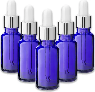 Produktbild von 5x Blaue Glasflasche 20 ml mit silberner Aluminium-Pipette Tropfen Set