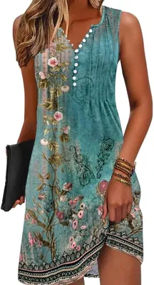 Productafbeelding van Dames zomerjurk met bloemenprint, V-hals en knielengte in boho-stijl