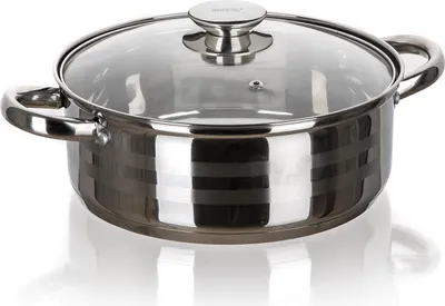 A stainless steel pot with a glass lid is shown on a white background with a reflection.
