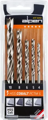 Obrázok produktu pre Alpen Holzspiralbohrerset HSS Cobalt PCTM5 mit Kunststoffkassette 5-tlg