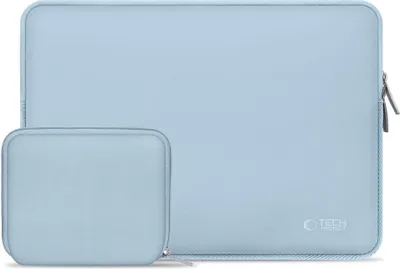 A light blue laptop sleeve and a smaller matching pouch are shown on a white background.