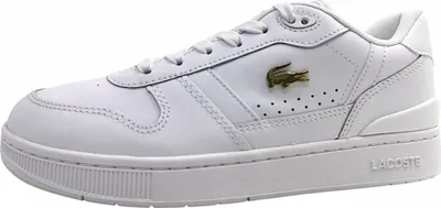 A white Lacoste sneaker is shown from the side against a white background.