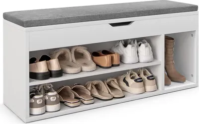 Produktbild von Schuhbank mit Sitzkissen, Schuhtruhe Sitzbank mit Stauraum, 3 Fächer, 2 Stufen, Schuhschrank aufklappbar mit Klappdeckel 104x30x48 cm (Weiß+Grau)