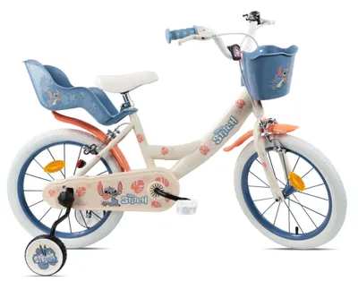 Immagine prodotto di Bicicletta da 16 pollici "STITCH" (per bambini di altezza compresa tra 100 cm e 120 cm) dotata di 2 freni, cestino, portabambola e rotelle.