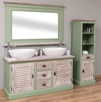 Produktbild von Casa Padrino Landhausstil Badezimmer Set Grün / Naturfarben - 1 Doppelwaschtisch & 1 Wandspiegel & 1 Regalschrank - Massivholz Badezimmer Möbel im Landhausstil