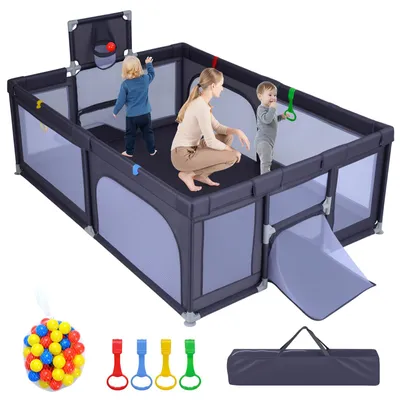Produktbild von COSTWAY 207x145cm Laufstall Baby, Laufgitter mit Netz, Tragetasche, Basketballkorb, Fußballnetzen, 50 Spielbällen & Griffen, Krabbelgitter, Dunkelgrau