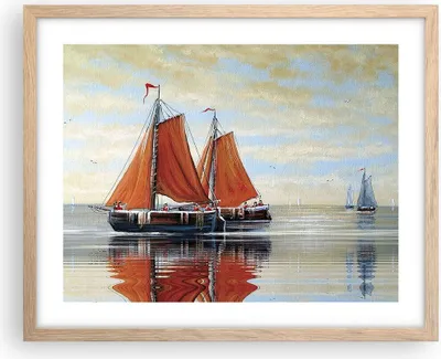 Produktbild von Gerahmtes Poster - Rahmen in heller Eiche - Segelschiffe Öl Orange - 50x40 cm - Wand Bild - Wanddeko - Wandbilder - Kunstposter - Wandposter - Bilderrahmen - Bilder - Kunstdruck - P2NAA50x40-4404